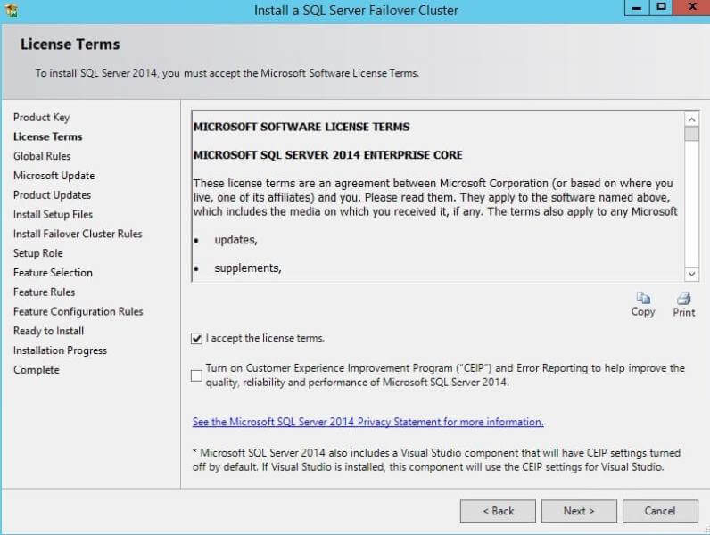 License Terms for SQL Server Cluster Installation