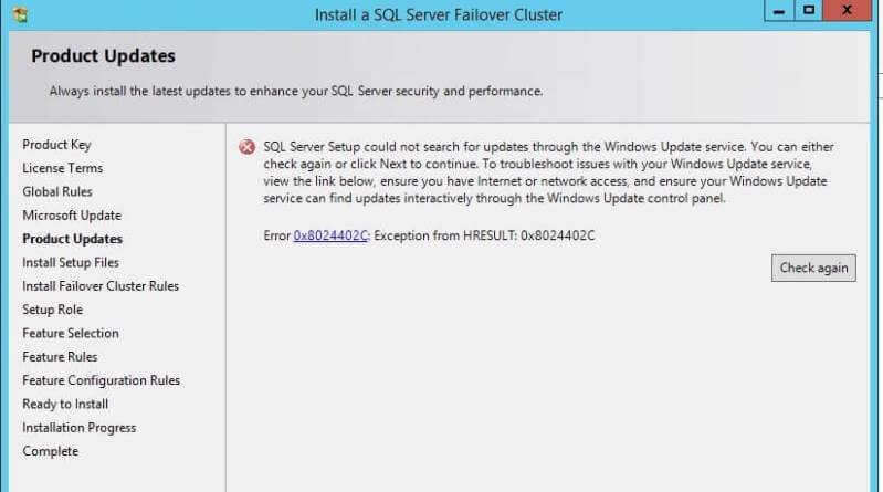 Windows Update Service Error during a SQL Server Cluster Installation