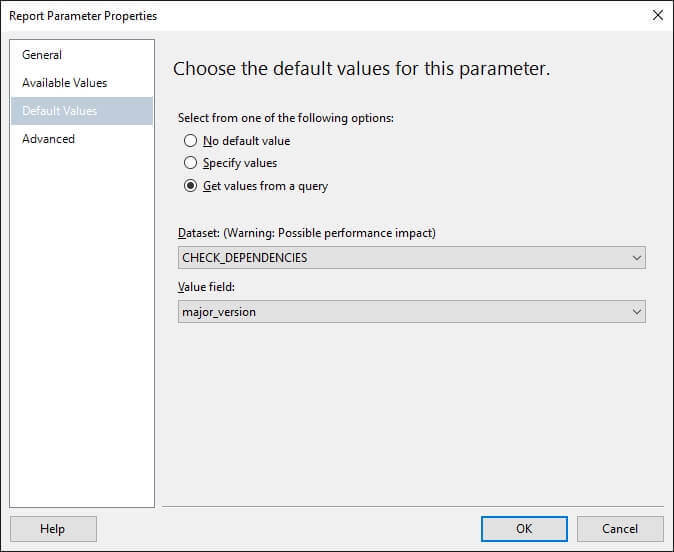 Configure the parameter to use mayor_version field of the CHECK_DEPENDENCIES data set.