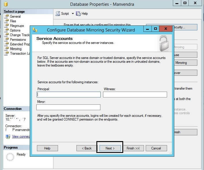Specify the SQL Server Database Mirroring Service Accounts
