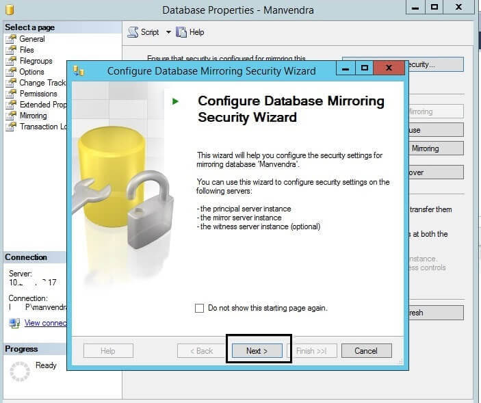 Configure Database Mirroring Security Wizard