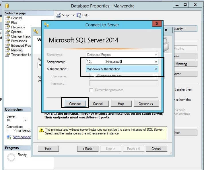 Connect to the witness server instance for SQL Server Database Mirroring