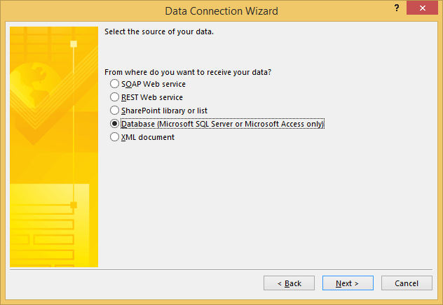Data Connection Wizard for the Animal Data in InfoPath 2013
