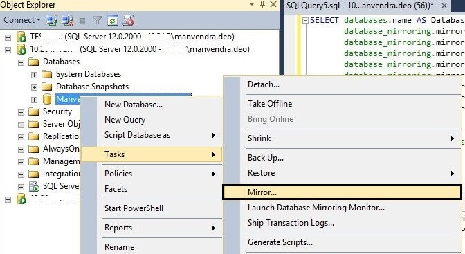 Launch the SQL Server Database Mirroring configuration Page