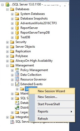 Start a new SQL Server 2016 Extended Events session
