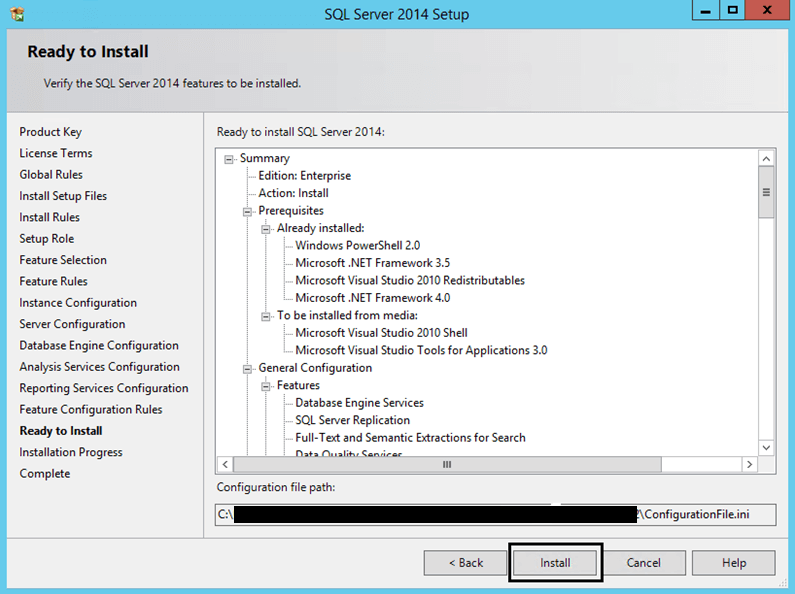 Ready to Install for SQL Server 2014 Setup