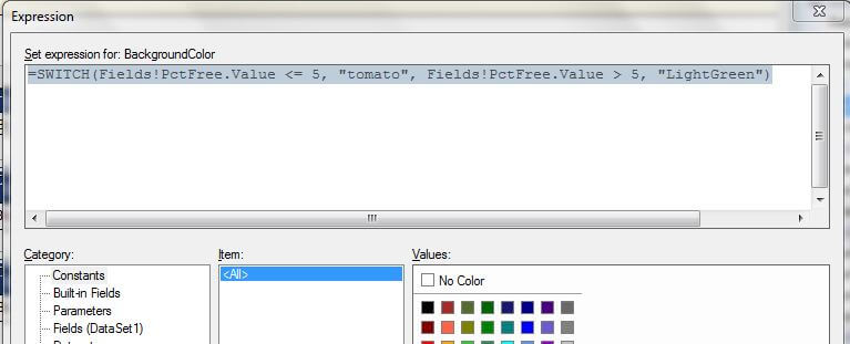 Expression Window with the Conditional Logic for the PctFree field color