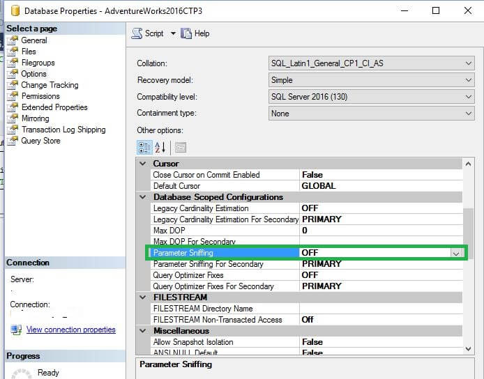 Turn off parameter sniffing at the database level with SQL Server Management Studio