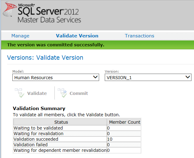 Successful Commit of SQL Server Master Data Services Model