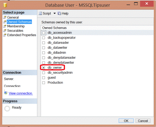 From the Owned Schemas tab of the users properties window, we can find that the user owns the db_owner database schema