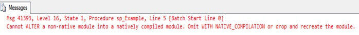 Unable to ALTER a stored procedure from non native to native mode