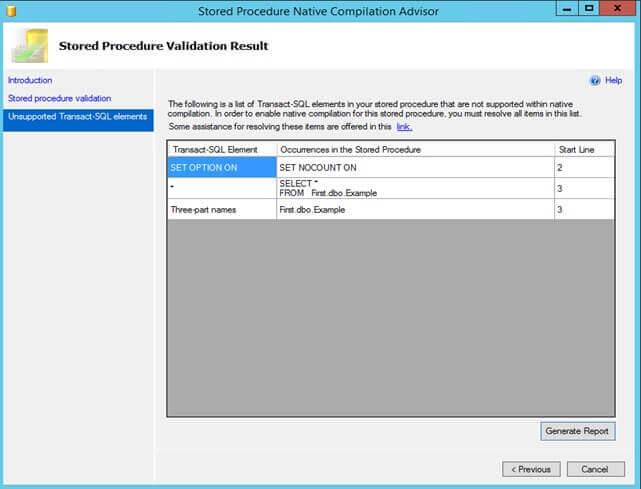 Unsupported Features in the SQL Server Stored Procedure Native Compilation Advisor