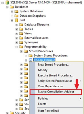 Launch the Native Compilation Advisor in SQL Server Management Studio