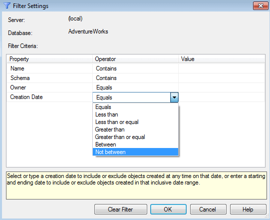 Create Date Operator Options in SQL Server Management Studio