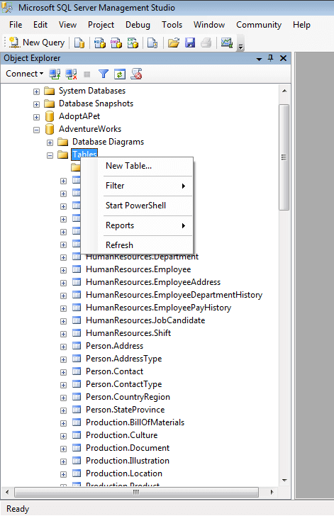 Filter option for tables in SQL Server Management Studio