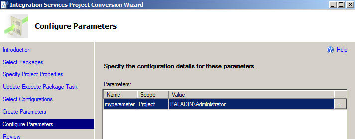 Configure parameters in the Integration Services Project Conversion Wizard