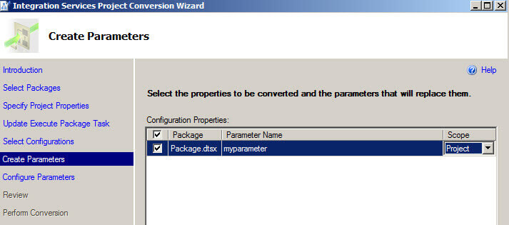 Create parameters in the Integration Services Project Conversion Wizard