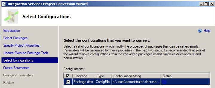 Select configurations in the Integration Services Project Conversion Wizard