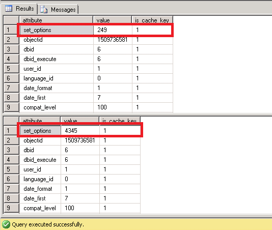 SQL Server attribute set_options is different for the two plans