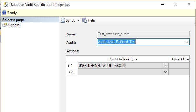 SQL Server 2016 Database Audit Specification Properties