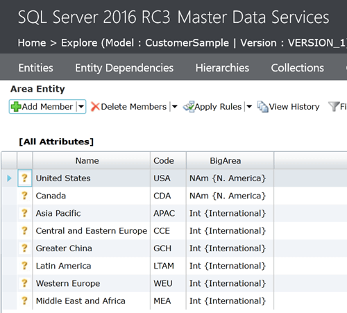 SQL Server 2016 Master Data Services Area Entity