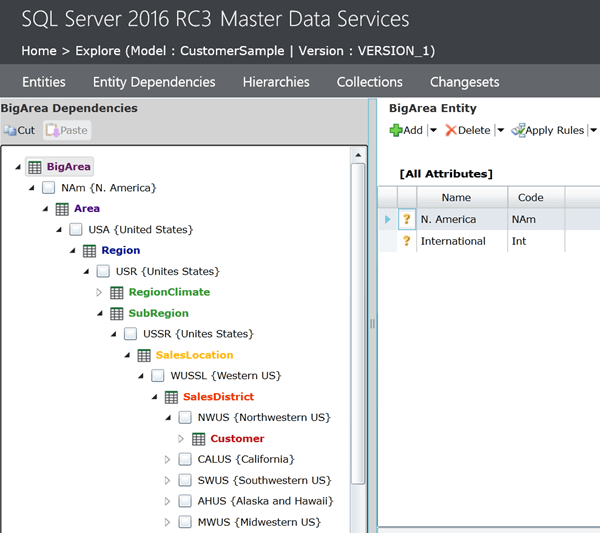 SQL Server 2016 Master Data Services Entity Explorer to see dependencies and data