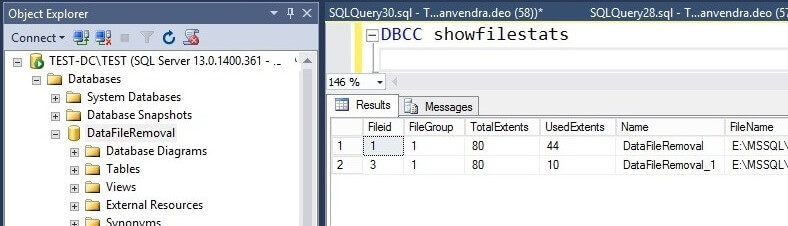 Check SQL Server data files post removal with DBCC SHOWFILESTATS