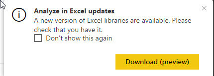 Analyze in Excel Updates - Don't show this again