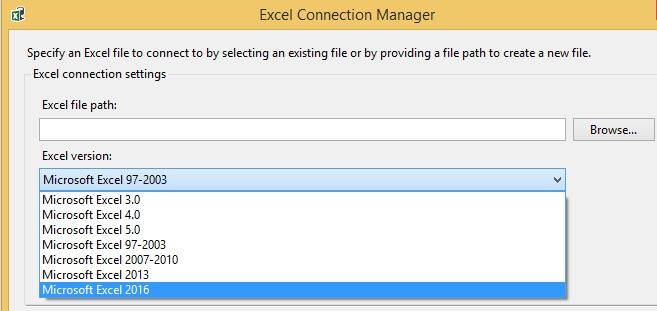 Excel Connection Manager in Integration Services 2016