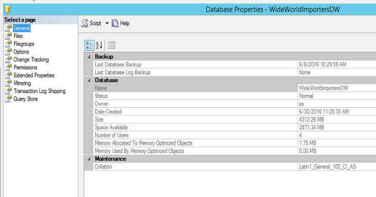 WideWorldImportersDW General Database Properties