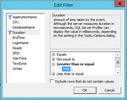 SQL Server Profiler Filter for Duration Greater Than 1000