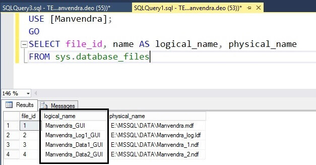 Verify the logical file name change of all database files with T-SQL