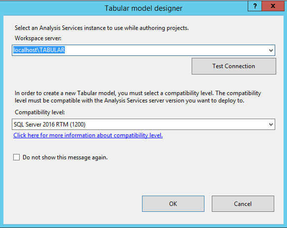 In the Tabular Model Designer specify the server workspace server and compatibility level