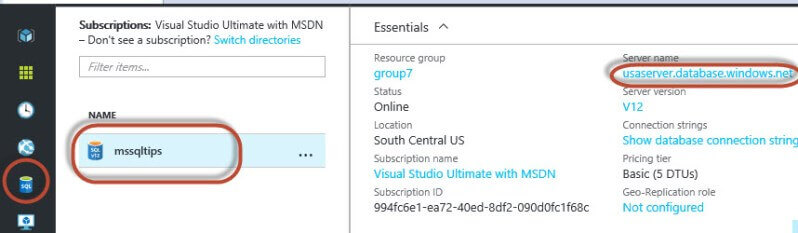 Copy the server name for the Microsoft Azure instance