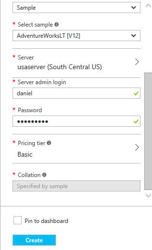 Specify the user name and password for the SQL Azure instance