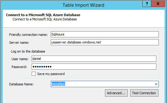 Table Import Wizard to specifiy the friendly name and credentials for the Azure instance