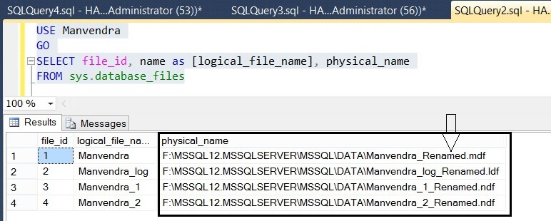 Verify the SQL Server database file name changes