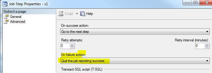 SQL Server Agent Job Step Configuration to Quit the Job Reporting Success