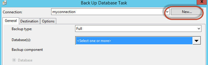 SQL Server Integration Services New Connection for the Back Up Database Task