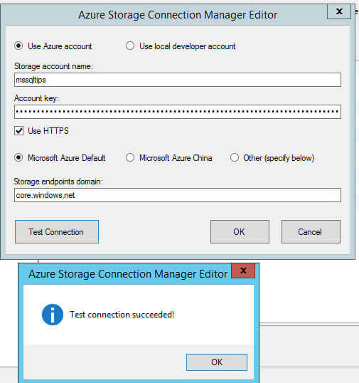 Update the Account and Test in Azure Storage Connection Manager Editor
