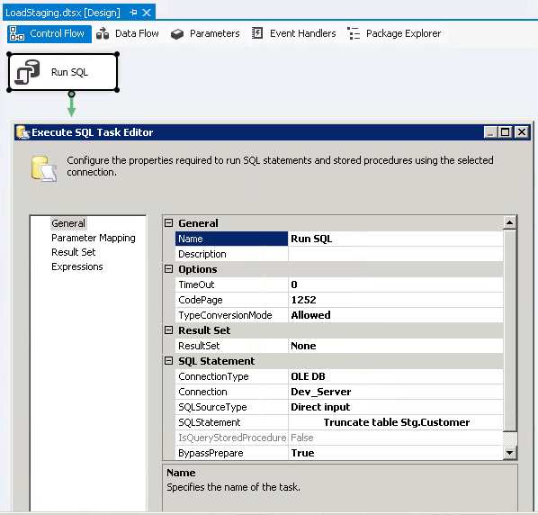 SSIS Execute SQL Task Editor to Truncate the Table