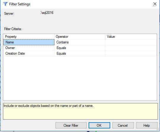 Filtering in the Databases node of SSMS