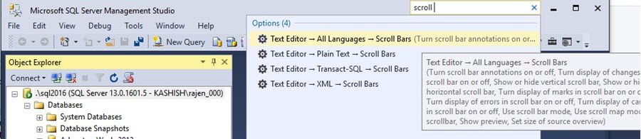 SQL Server Management Studio Quick Launch for Scroll Bar Options