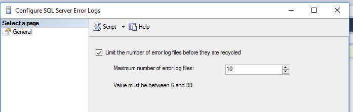 SQL Server error log configuration properties and verify the number of logs