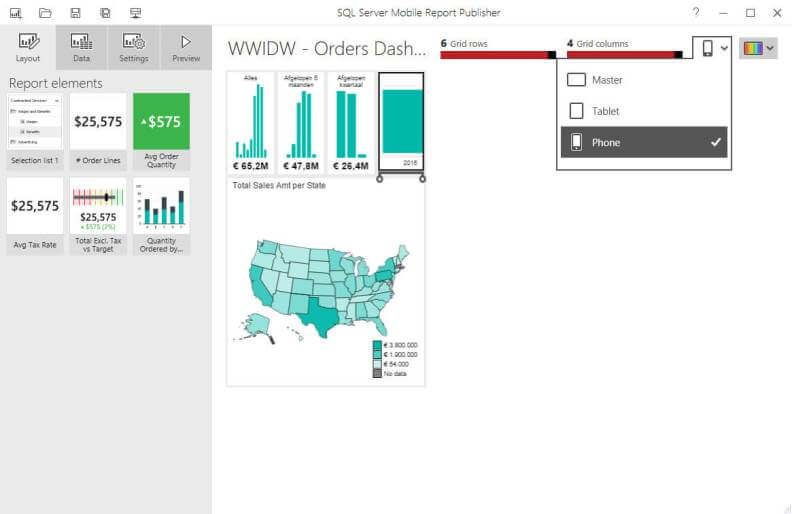 New SQL Server 2016 Reporting Services mobile report canvas