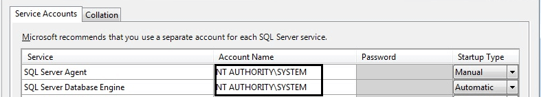 Select user NT Authority\SYSTEM for the SQL Server services
