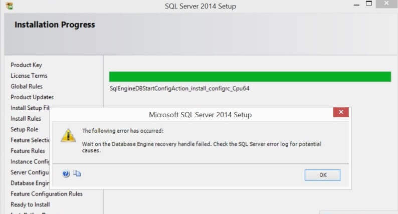 Wait on the Database Engine recovery handle failed.  Check the SQL Server error log for potential causes.
