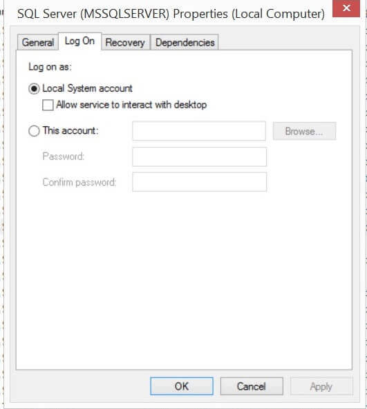 sql server service property with the local system account