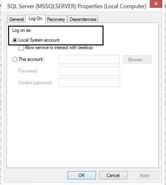 sql server service property to logon as Local System Account