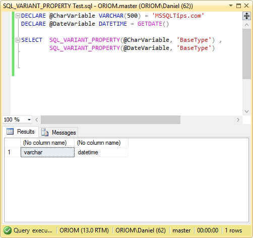 Screen capture of SQL_VARIANT_PROPERTY function test.